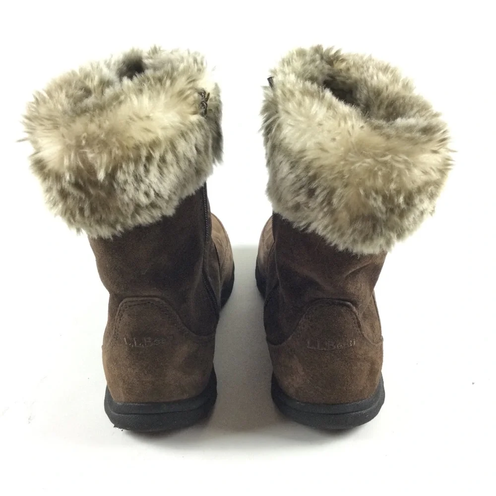 L.L. BEAN Boots Women’s Brown Suede Faux Fur Trim Mid Calf Side Zip Sz 8